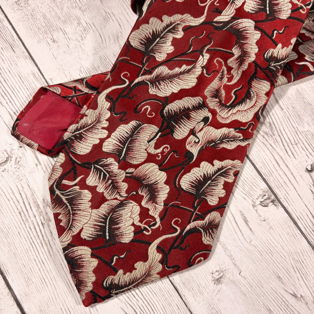 Florentino Collection Mens Red Botanical Leaf Vine Print Silk Feel Tie Italy